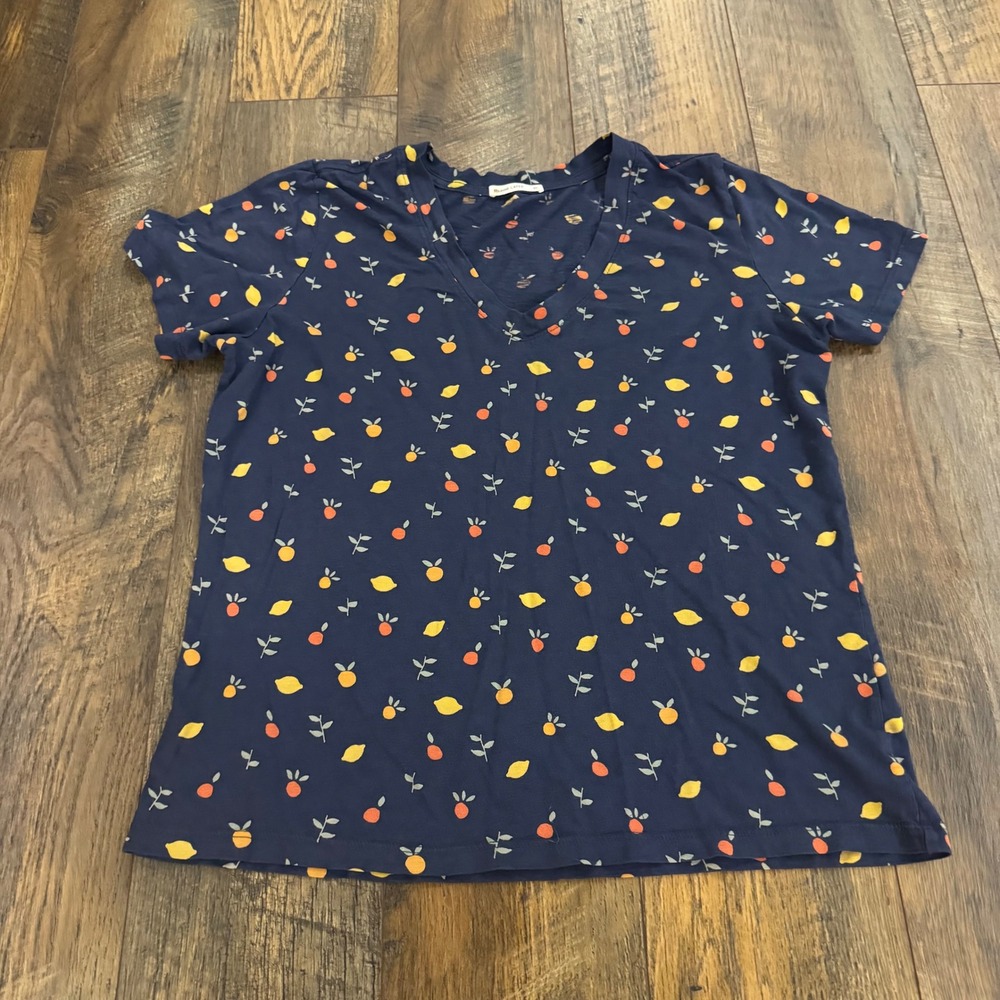 Marine Layer Womens XL Navy Blue Lemon Orange Fruit Print V-Neck T-Shirt Cotton